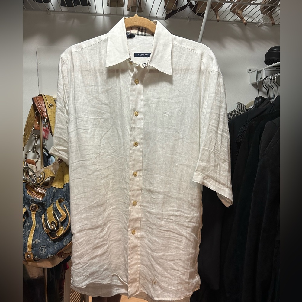 Burberry London Men's 100% Linen Collared Short Sleeve Button Front Shirt